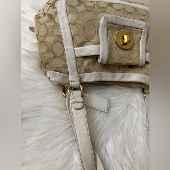 Coach Cricket 13604 Signature Tan Shoulderbag White Leather Trim Turn Lock Bag - Picture 7 of 13